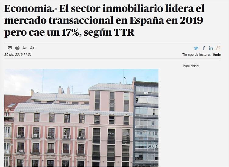 El sector inmobiliario lidera el mercado transaccional en Espaa en 2019 pero cae un 17%, segn TTR